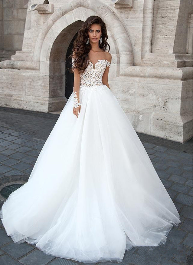 Off-Shoulder V-Neck Sheer Wedding Dress - Fashionpara