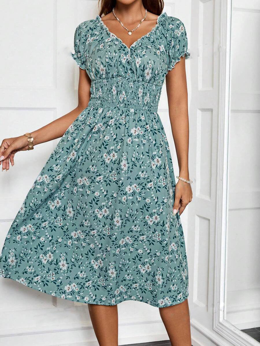Julia Statement Women's Bloom Midi Dress with Elastic Waist and Ruffle Details Evening Wear Edit