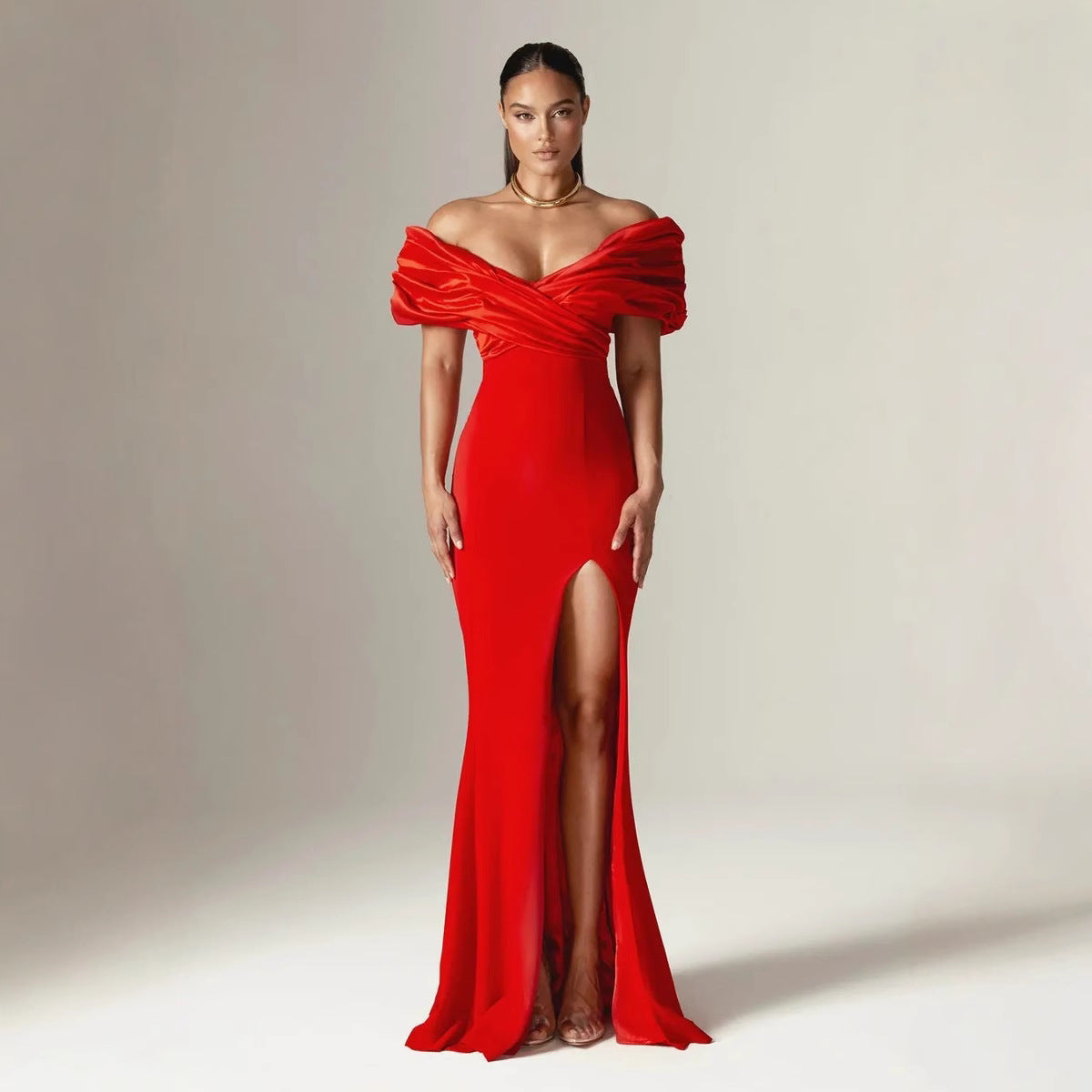 Off Shoulder Ruched Slit Satin Maxi Prom Dress - Fashionpara