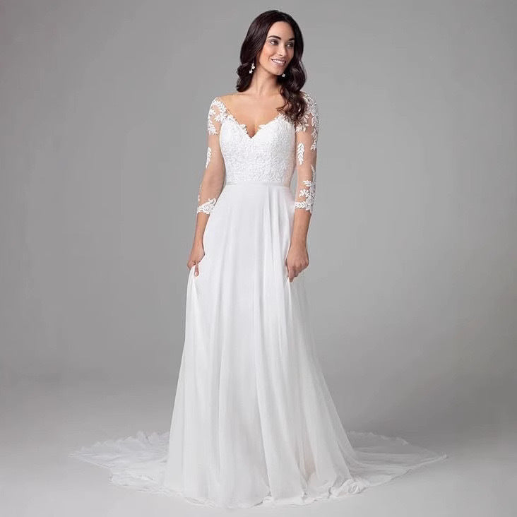 Deep V-Neck Long Sleeve Evening Wedding Dress - Fashionpara