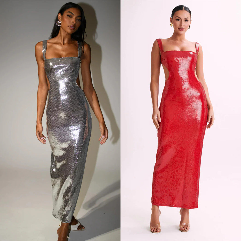 Sequin Backless Slim Fit Slit Prom Dress - Fashionpara