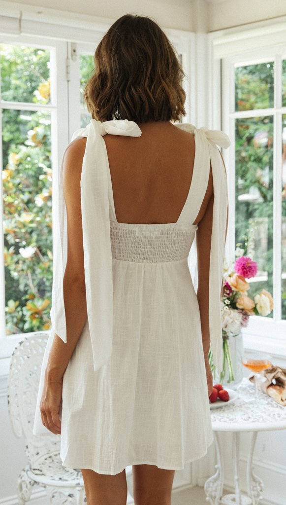 Kamila Cotton Linen Tie Strap Babydoll Dress White