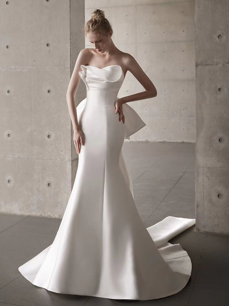 Satin Strapless Bowknot Wedding Dress - Fashionpara