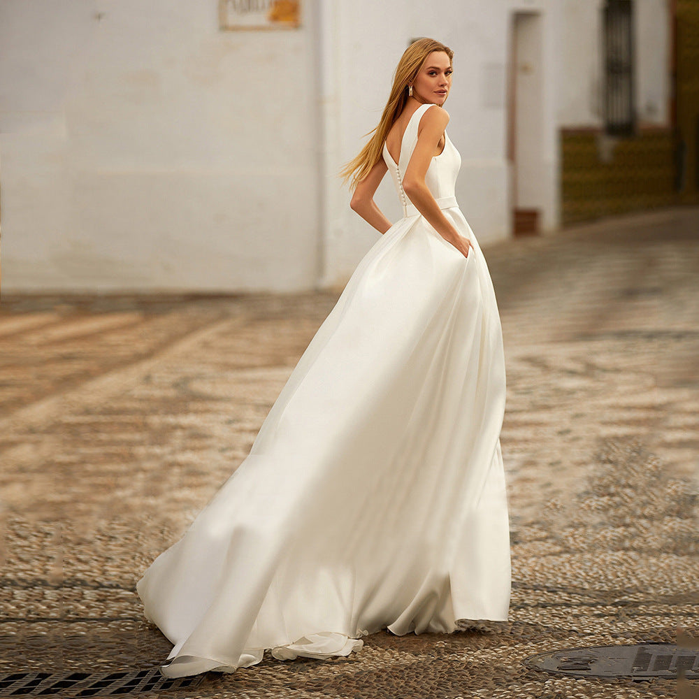 Double Shoulder Backless Tail Wedding Dress - Fashionpara