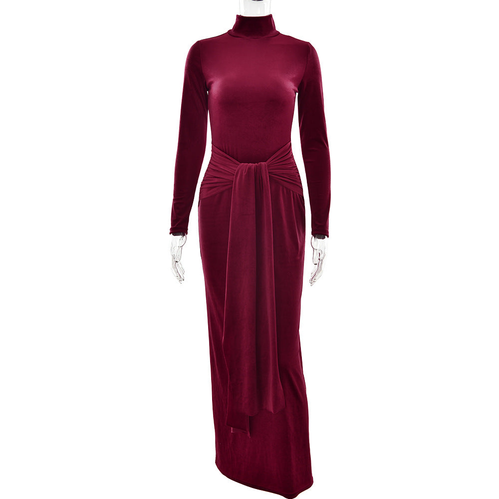 Autumn Winter Chic Women Clothing Dress Half High Collar Long Sleeves Solid Color Maxi Dress Lace up Pleated Dress