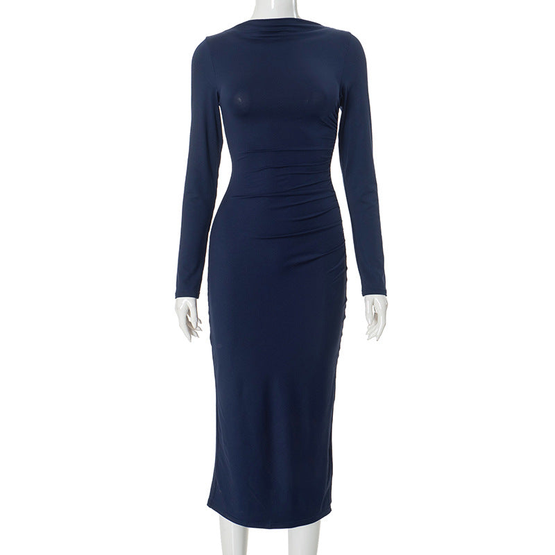 Elegant Long Sleeve Pleated Slim Fit High Waist Slit Maxi Dress