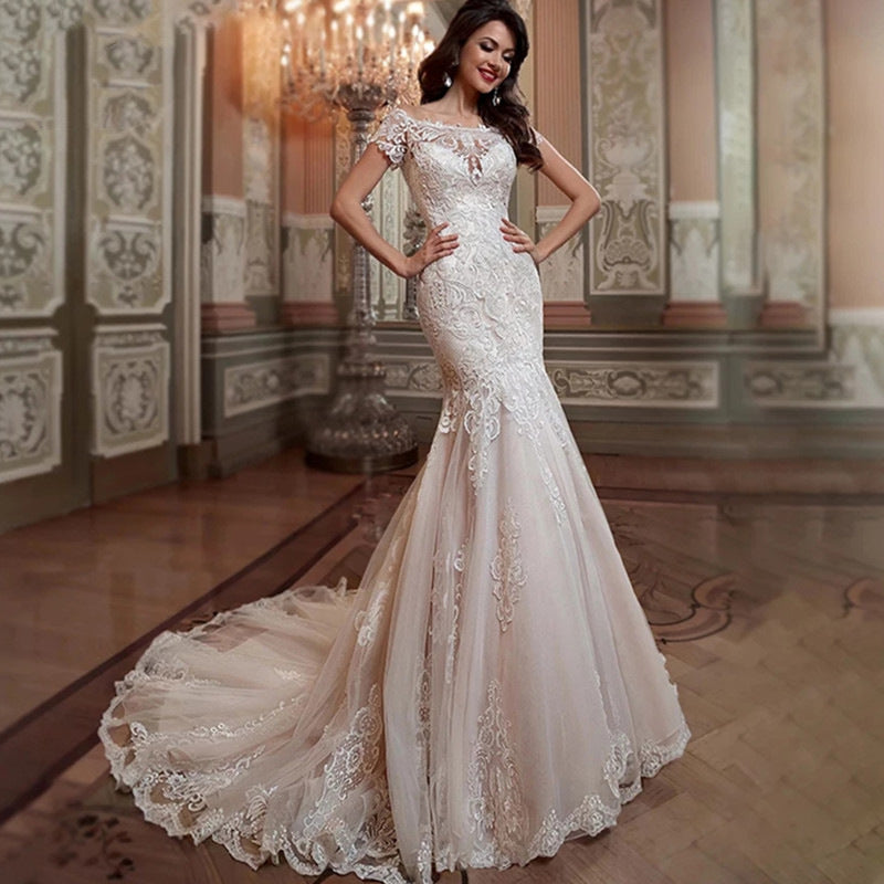 Off-Shoulder Lace Mermaid Wedding Dress - Fashionpara