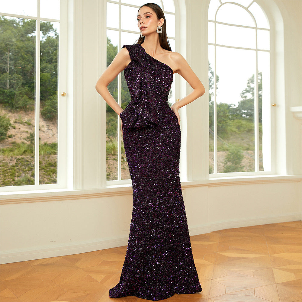 Sleeveless Elegant Long Sequined Diagonal Collar Backless Cocktail Evening Dress Bridesmaid
