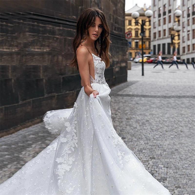 V-Neck Mermaid Sheer Tulle Wedding Dress - Fashionpara