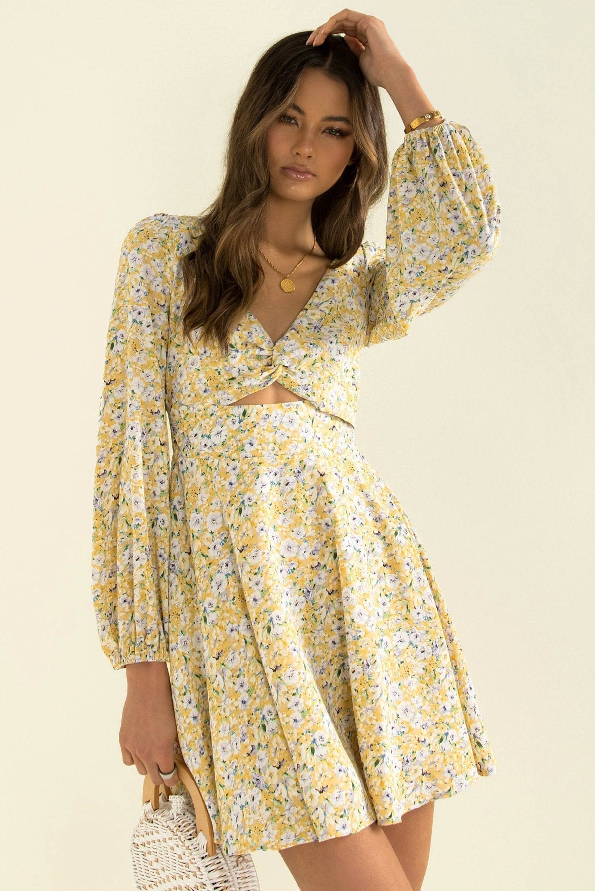 Inner Sunset Floral Smocked Cutout Dress Sage