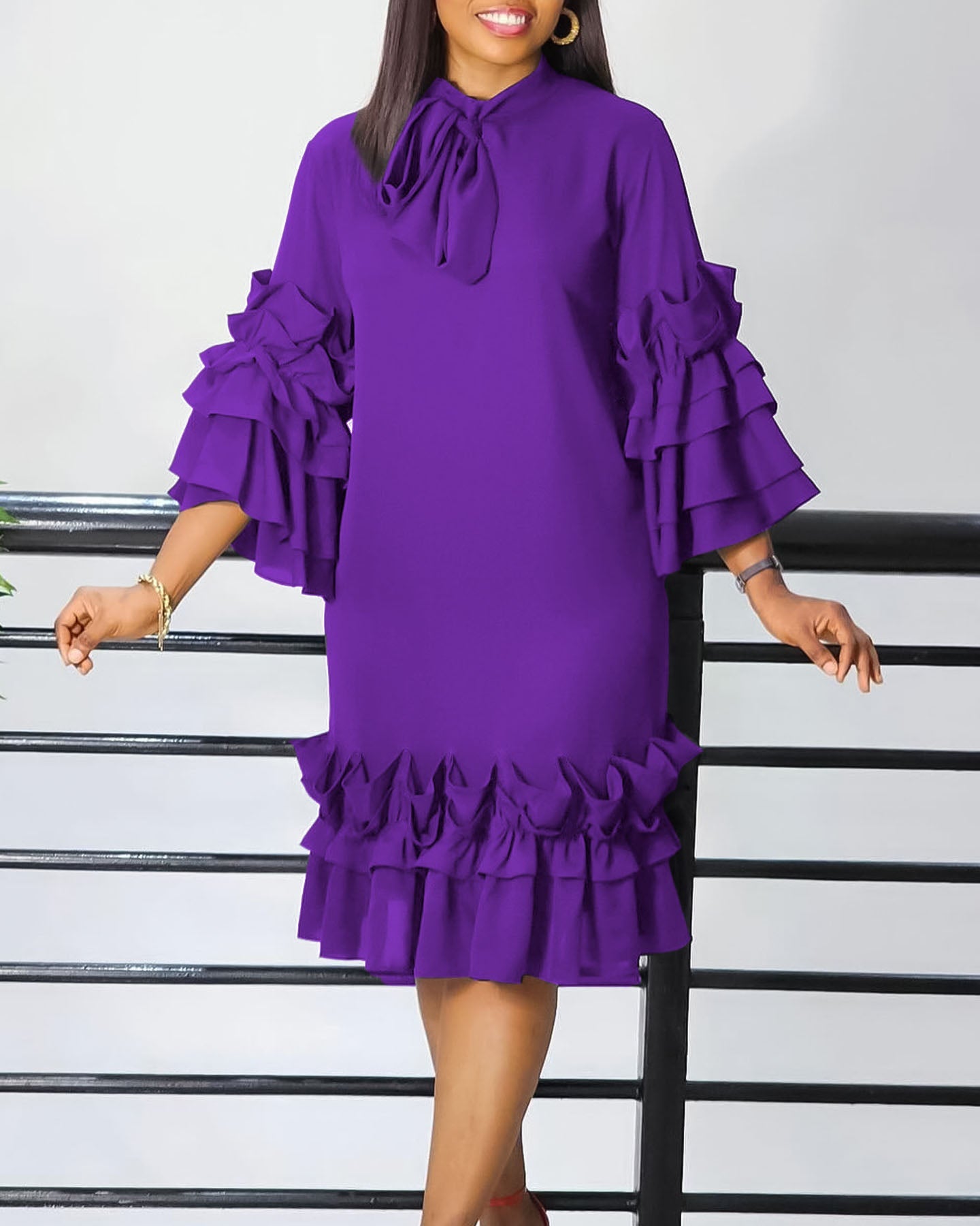 Chic Frilled Hem Bell Sleeve Solid Midi Dress - Fashionpara