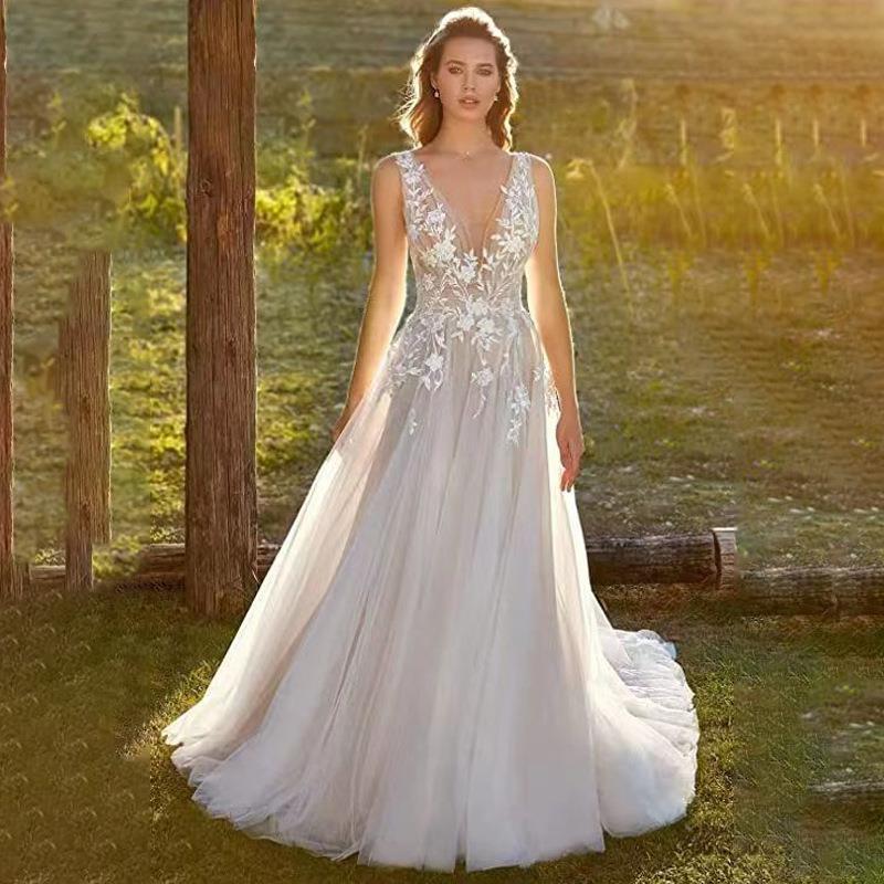 Backless Beach Sheer Tulle Wedding Dress - Fashionpara
