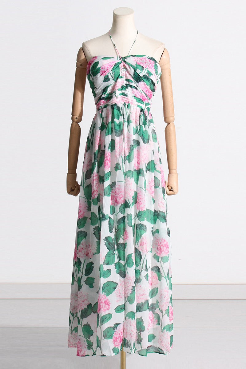 Sandra Aesthetic Halter Neck Maxi Dress with Floral Print Premium Wardrobe Essential