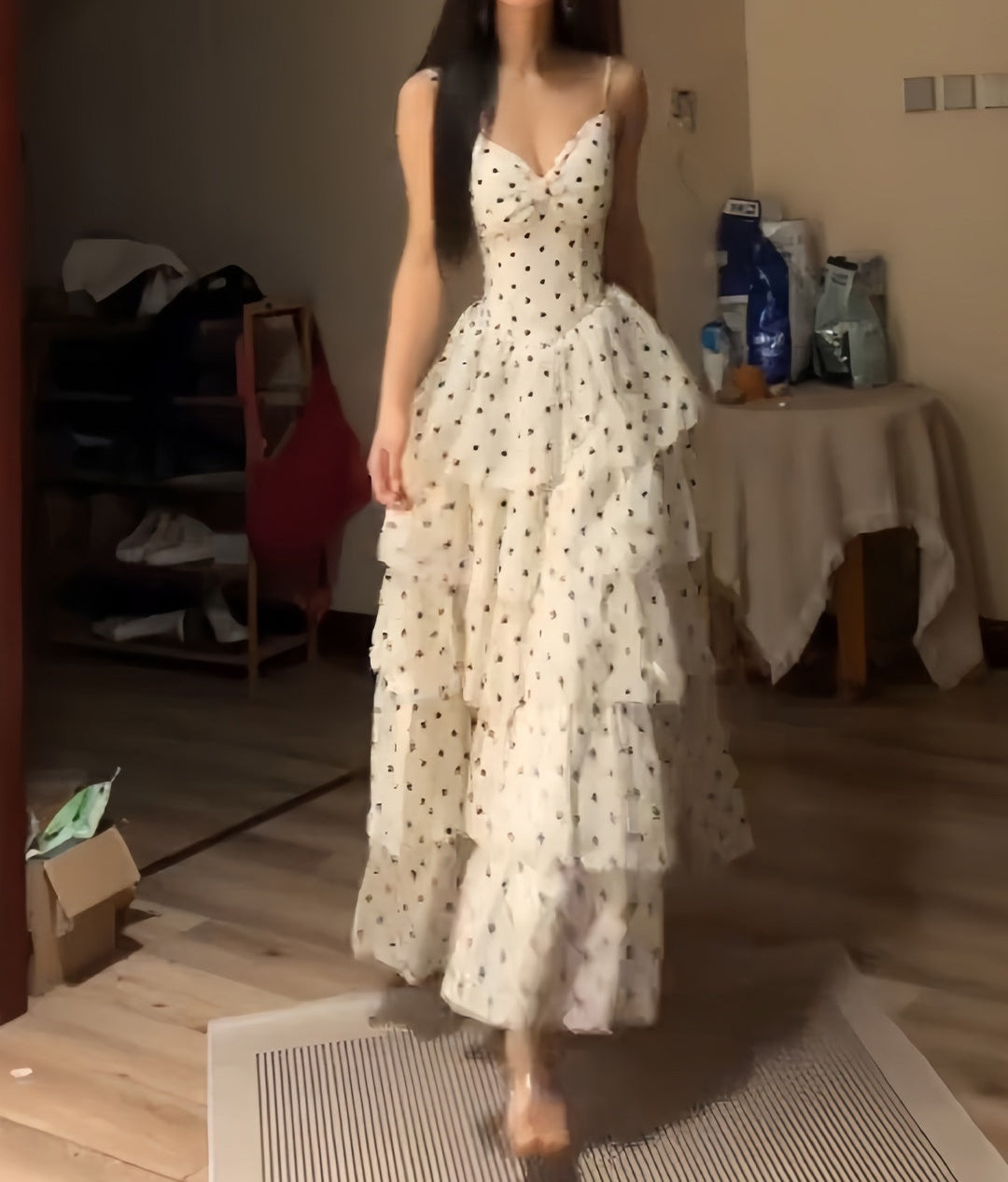 Retro Polka Dots A-Line Layered Prom Dress Chiffon Formal Dress