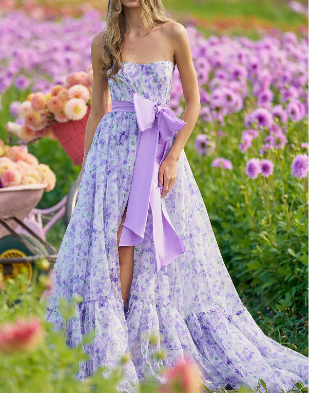 Floral Ruffle V-Neck High Hem Prom Dress - Fashionpara