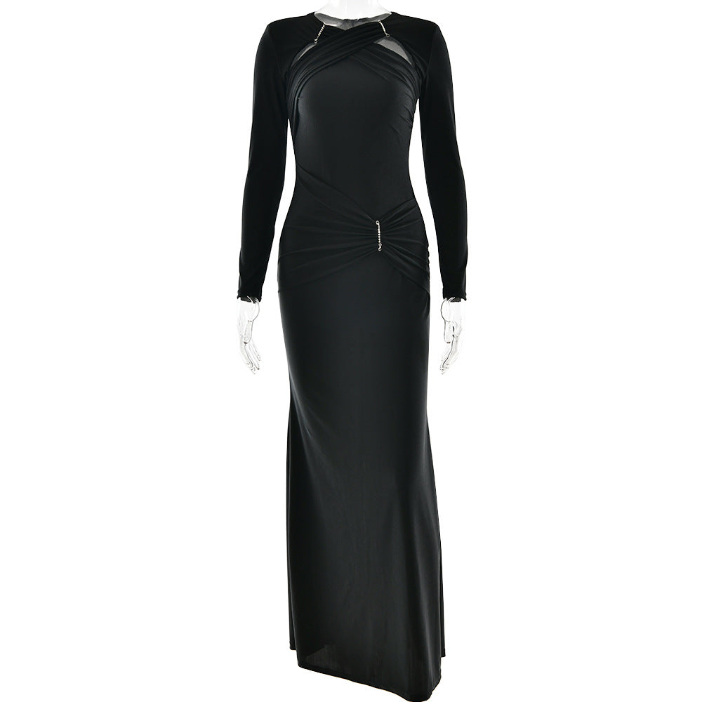 Dress Women round Neck Long Sleeve Sexy Slim Pleated Maxi Dress Graceful Dress