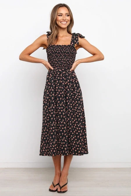Violette Floral Satin Cutout Maxi Dress Black