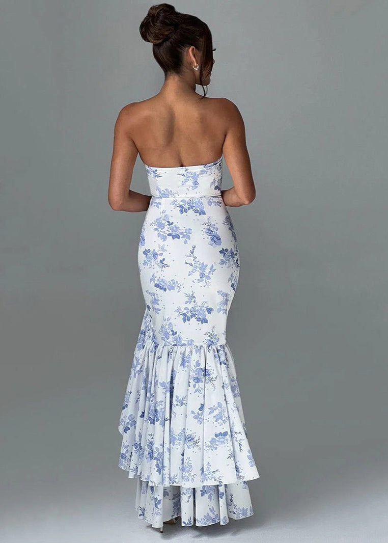 Floral Elegance Strapless Ruffled Maxi Dress
