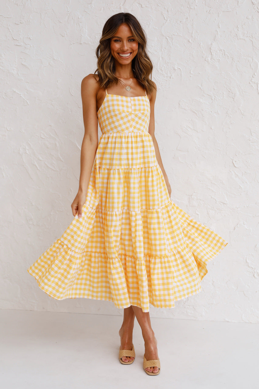Kinslee Smocked Gingham High Low Maxi Dress Yellow