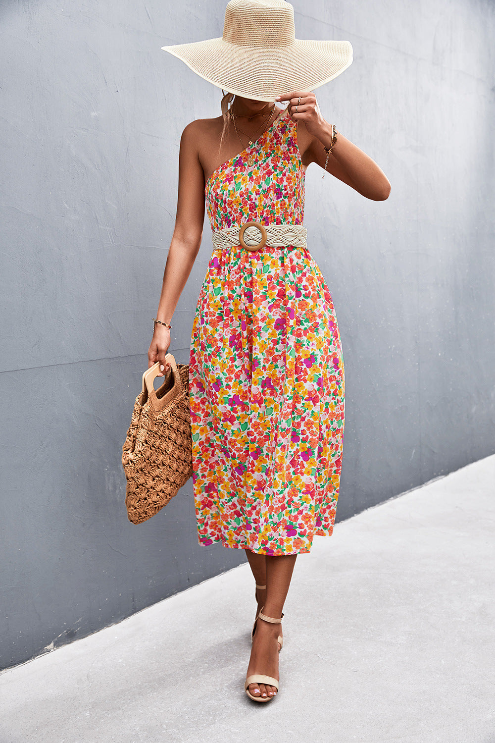 Elysse Floral Belted One Shoulder Midi Dress Salmon