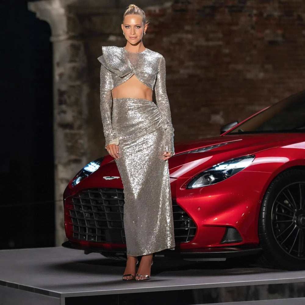 Silver Rhinestone Mesh Slit Prom Dress - Fashionpara