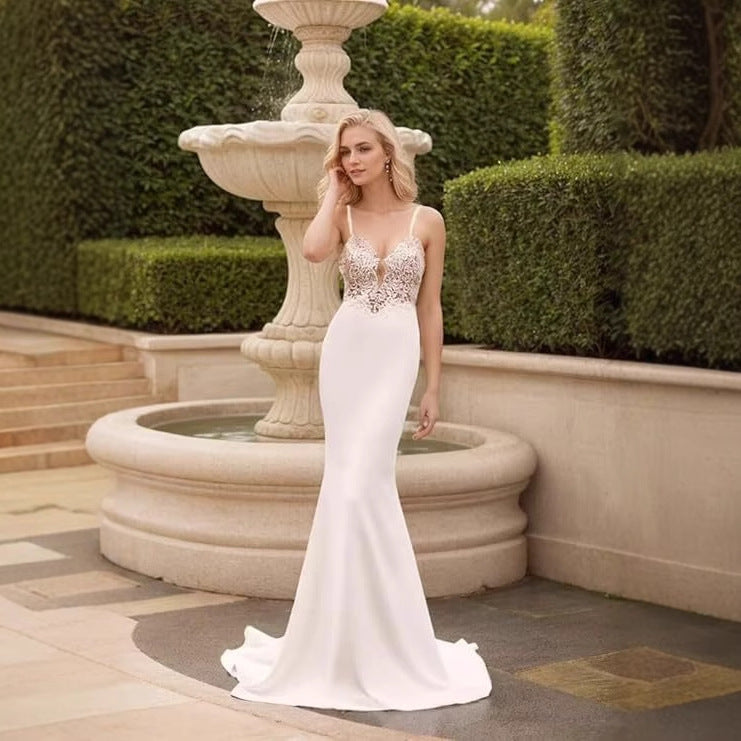 French Spaghetti Strap Mermaid Wedding Dress - Fashionpara