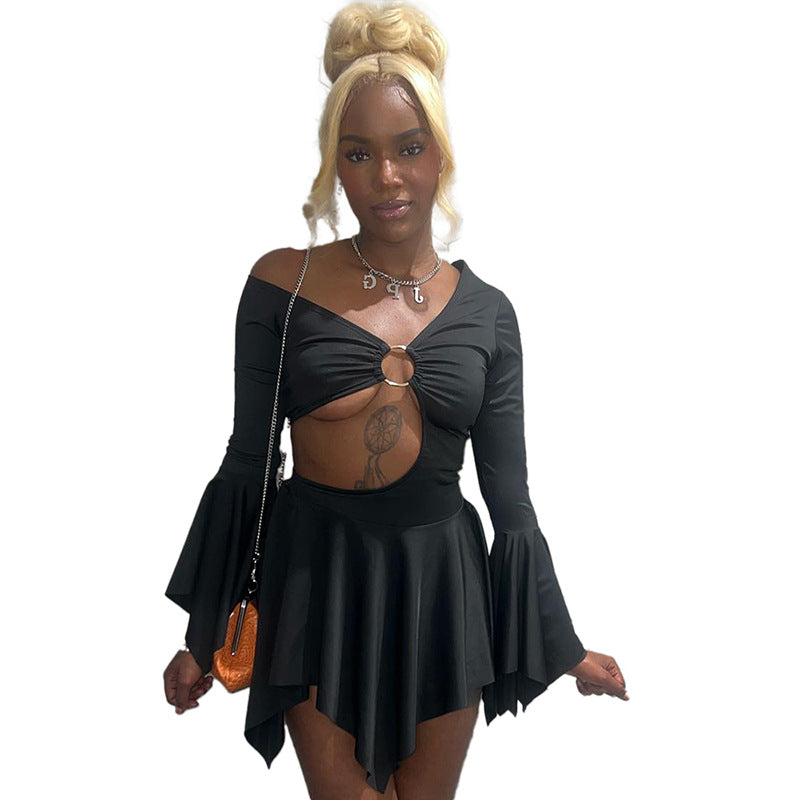 Viviana Exclusive Women's Asymmetric Dress with Innovative Cut Out and Wide Flared Sleeves Boutique Collection