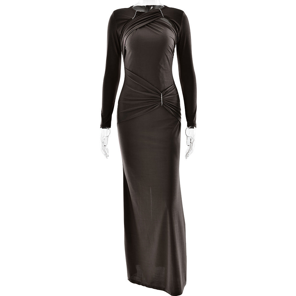 Dress Women round Neck Long Sleeve Sexy Slim Pleated Maxi Dress Graceful Dress