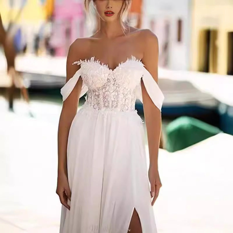 Off-Shoulder High Slit Long Train Wedding Dress - Fashionpara