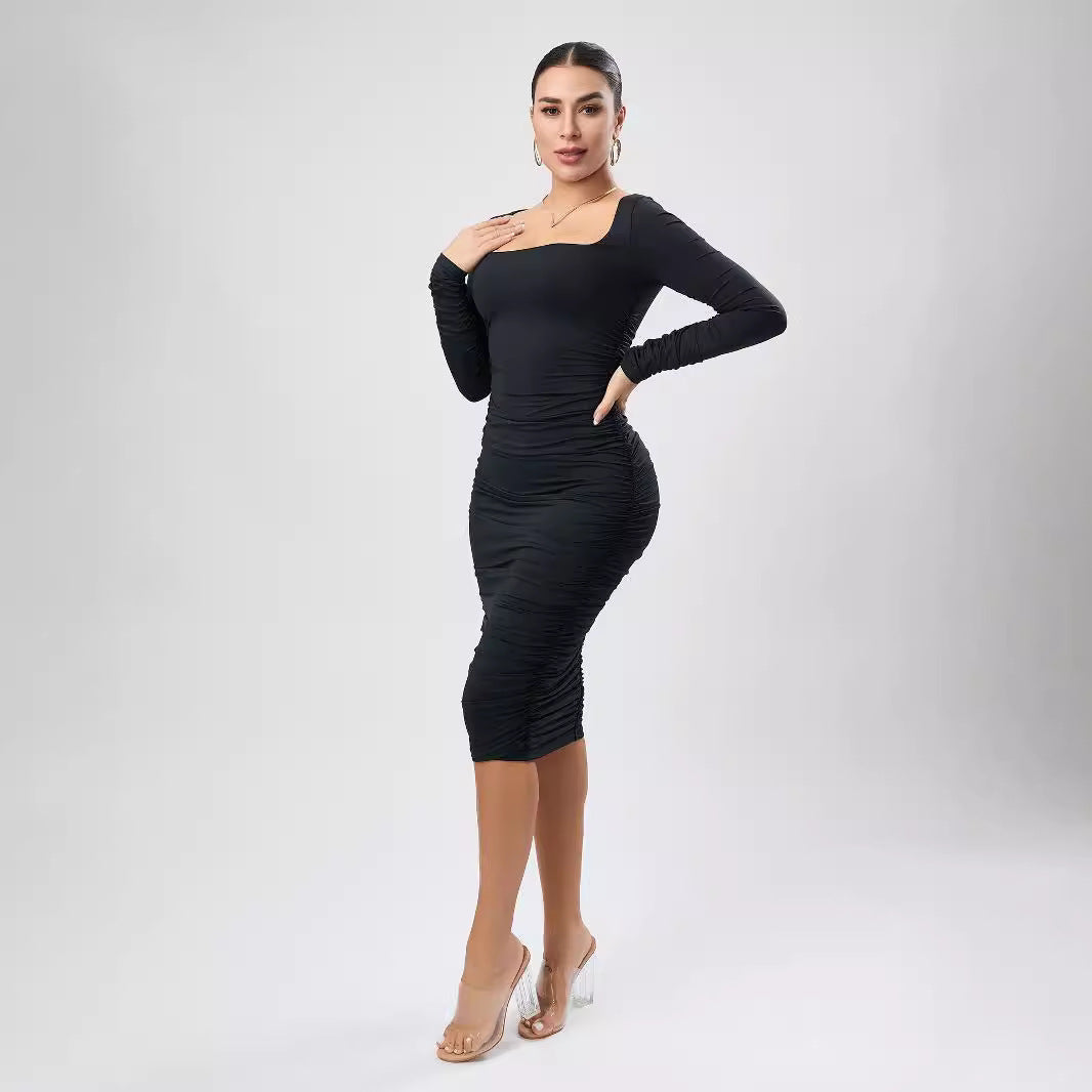 Stretch Solid Color Square Collar Ruffle Hip Slim Fit Mid Length Dress