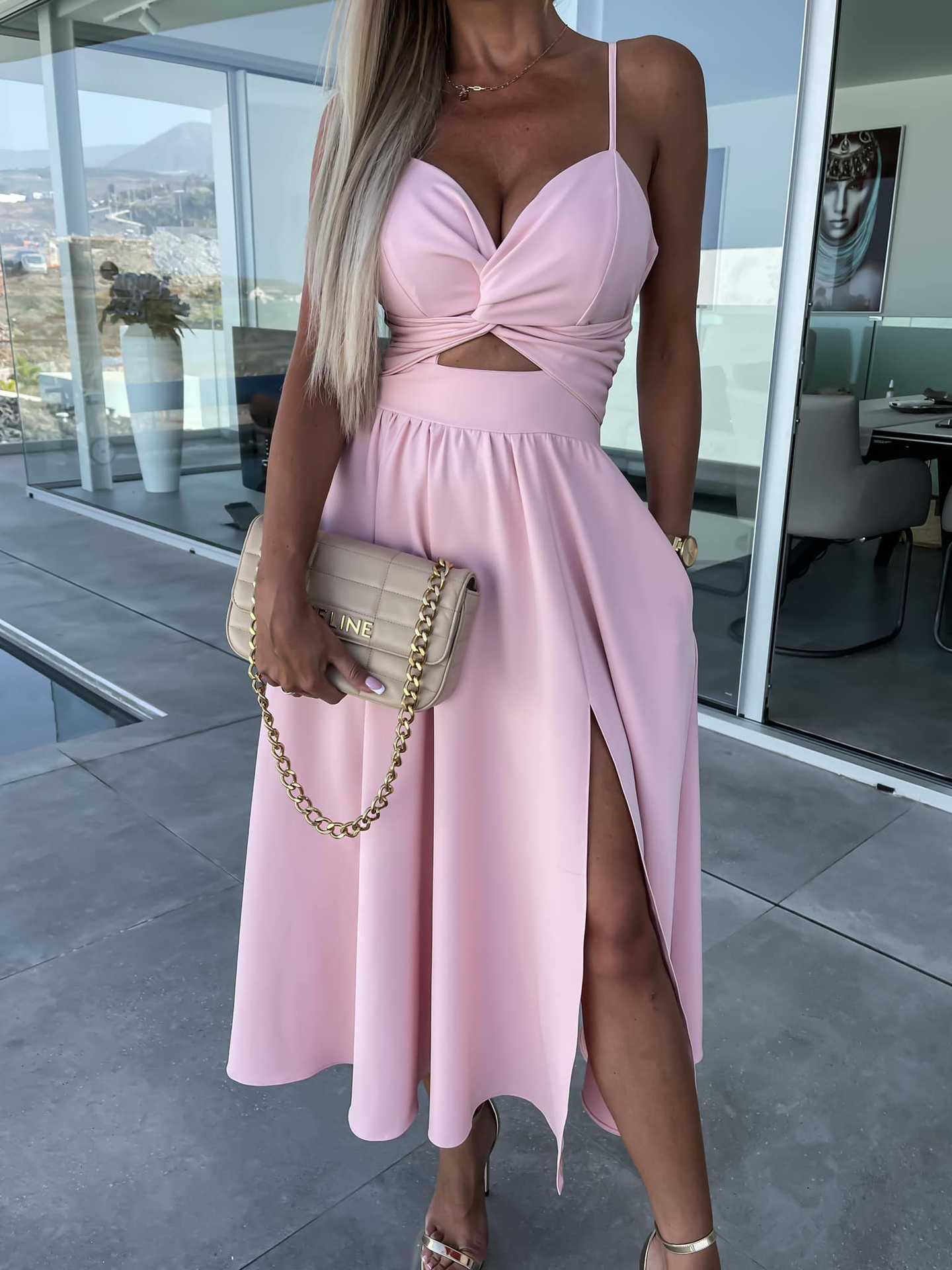 Socialite Deep V Plunge neck Hollow Out Cutout Big Slit Hemline Camisole Gown Dress