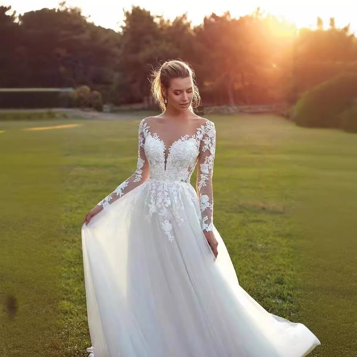 Long Sleeve Sheer Tulle Bridal Wedding Dress - Fashionpara