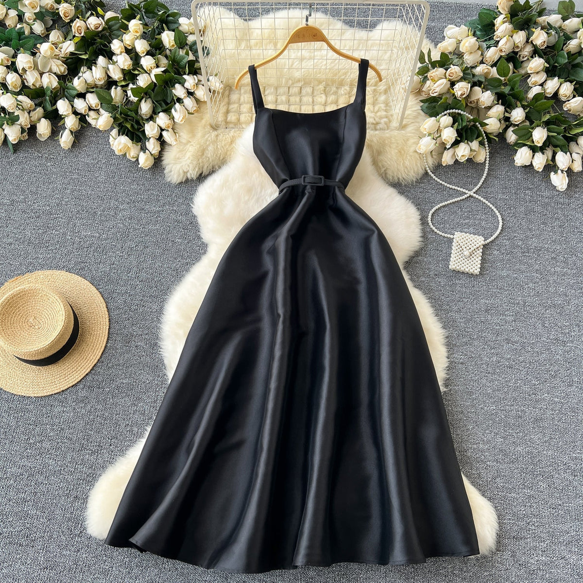 Simple A-Line Straps Black Satin Holiday Dresses Midi Length Women's Dress - FashionDia