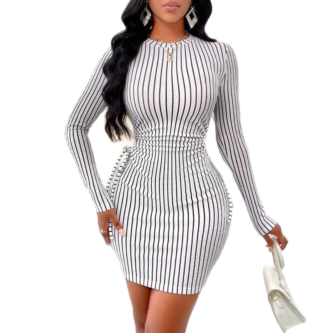 Paula Premium Women's Bodycon Dress with Striped Pattern and Ruffles Elevated Occasion Wear