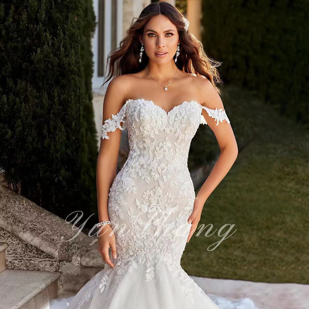 Off-Shoulder Lace Mermaid Bridal Wedding Dress - Fashionpara