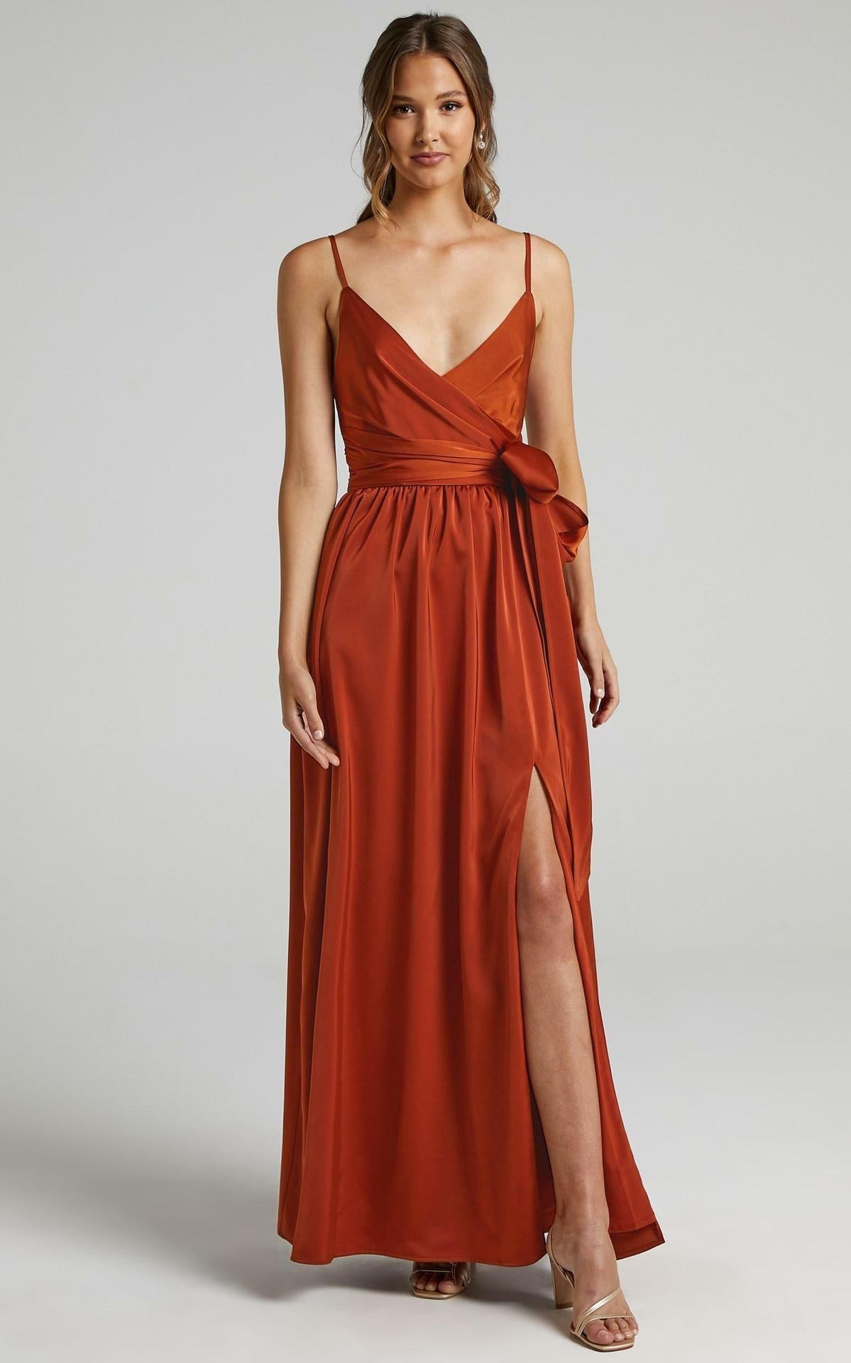 Limelight Satin High Low Maxi Dress Camel