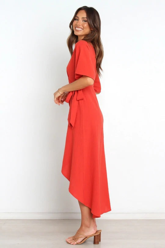 Santos Ruffle Wrap Midi Dress Rust
