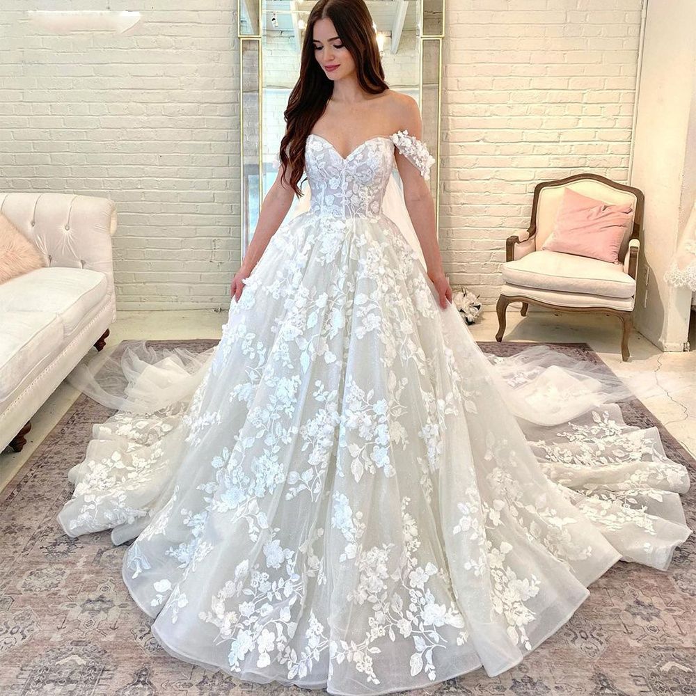 Off-Shoulder Satin Long Train Wedding Dress - Fashionpara