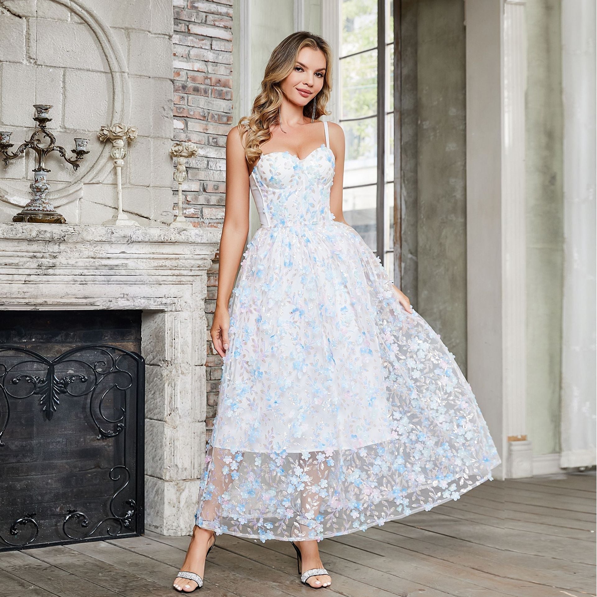 Boning Corset Waist Strap Three Dimensional Floral Fairy Dress Sweet Fresh Maxi Dress