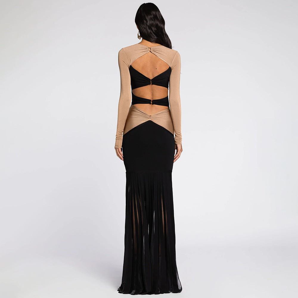 Two Colors Pineapple Decorative Long Sleeve Hollow Out Cutout Out Dress Mesh Semi Transparent Dress