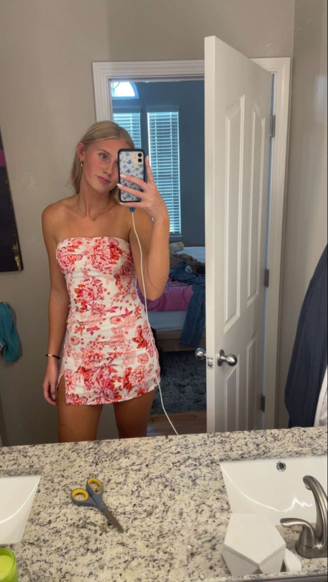 Unique Strapless Blue Satin Print Floral Sheath Short Cocktail Dress Formal Homecoming Dress