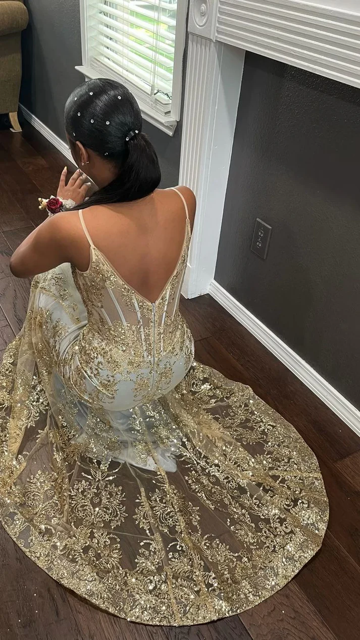 Princess Embroidered Corset Style Gold Mermaid Evening Dress Y5887 - View 5 | VelvetHem