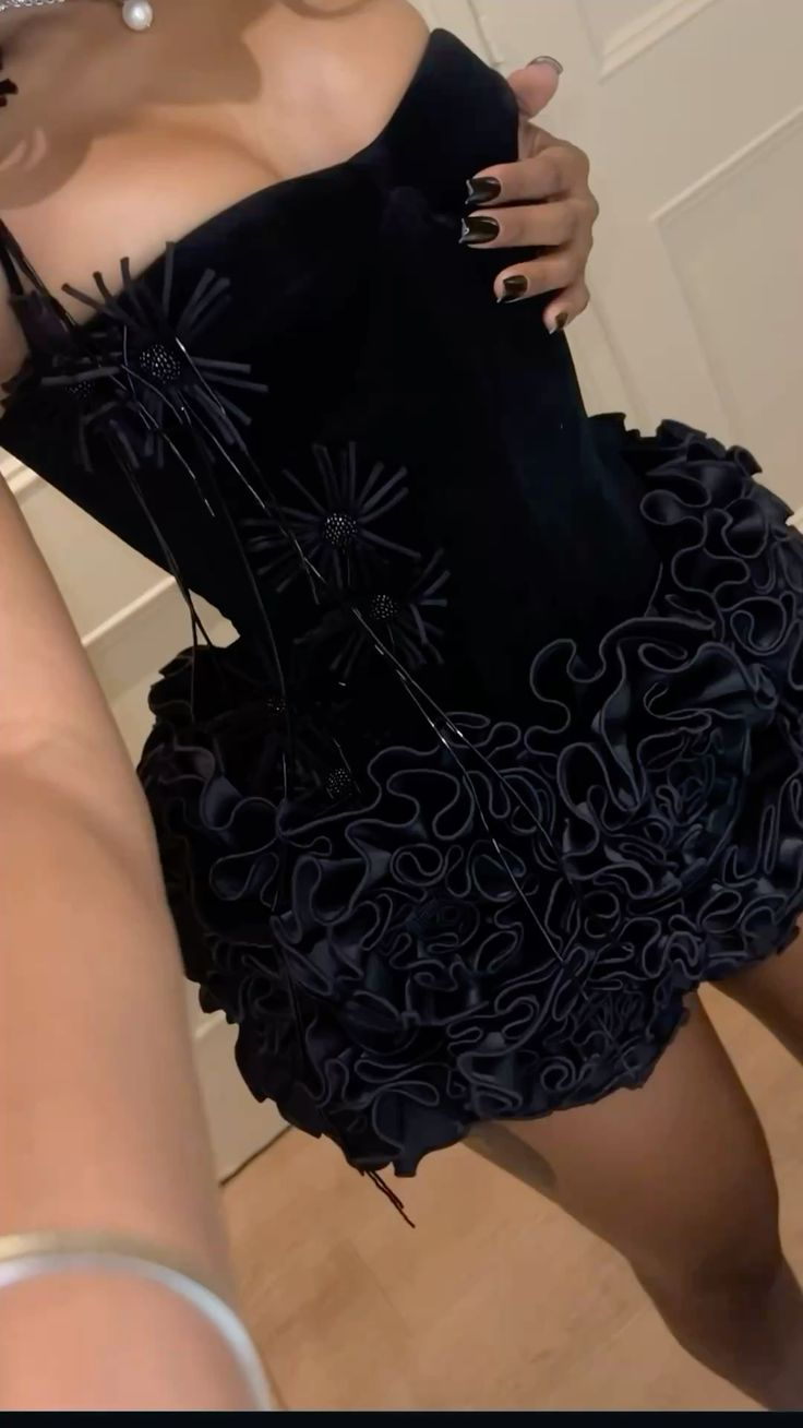 Sexy Black Satin Rose Halter Cocktail Dress Sheath Short Birthday Dress Homecoming Dress - View 3 | FashionDia