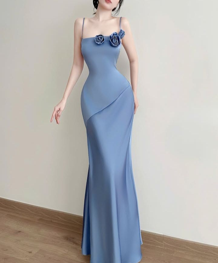 Classy Spaghetti Straps Blue Satin Mermaid Evening Dress Long Wedding Guest Dress - FashionDia