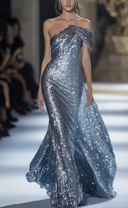 Glitter One Shoulder Sequins Mermaid Prom Dress Long Evening Dress Y8349 - VelvetHem
