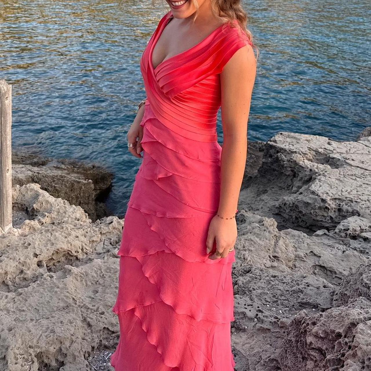 Classy V-Neck Satin Chiffon Pleated Rose Pink Long Party Dress Formal Wedding Guest Dress - View 2 | FashionDia