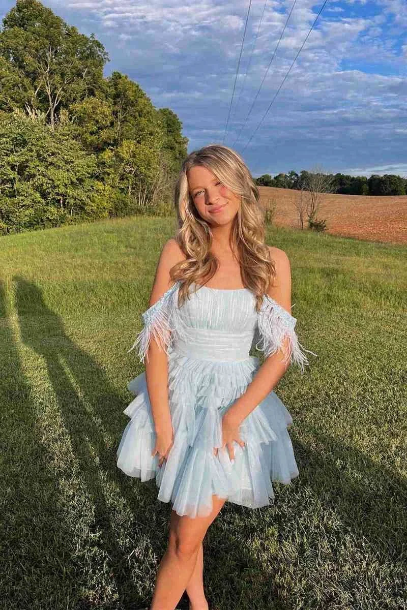 Pleated Hot Pink Cold Sleeves Tiered Tulle Party Dress Short Homecoming Dress Y1955 by simplepromdress