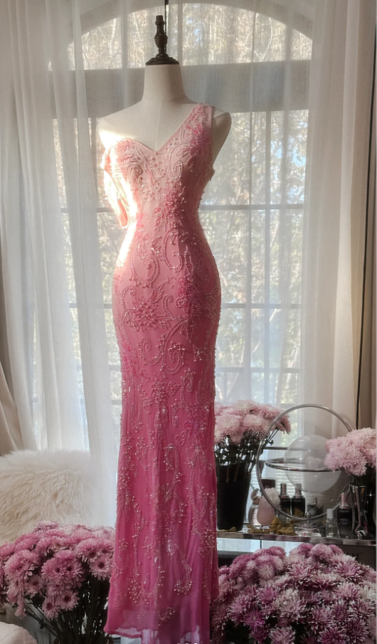 Pretty V Neck Ombre Pink Chiffon Beaded Mermaid Long Party Dress Birthday Evening Gown