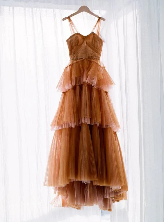 Brown tulle long prom dress, evening dress Y1257 - View 2 | VelvetHem