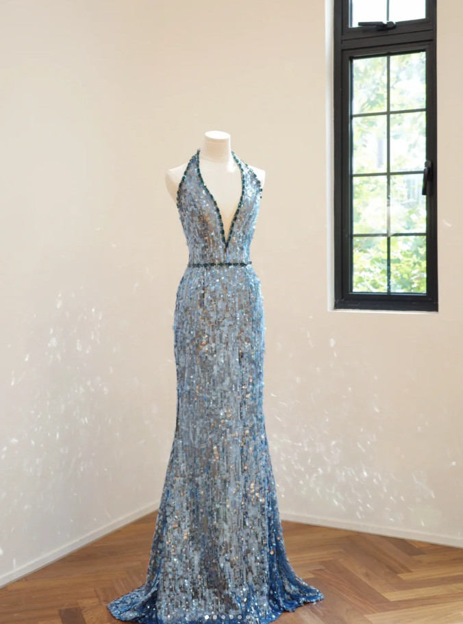 Gorgeous Halter Deep V Blue Sequin Beaded mermaid Long Party Dress Evening Dress